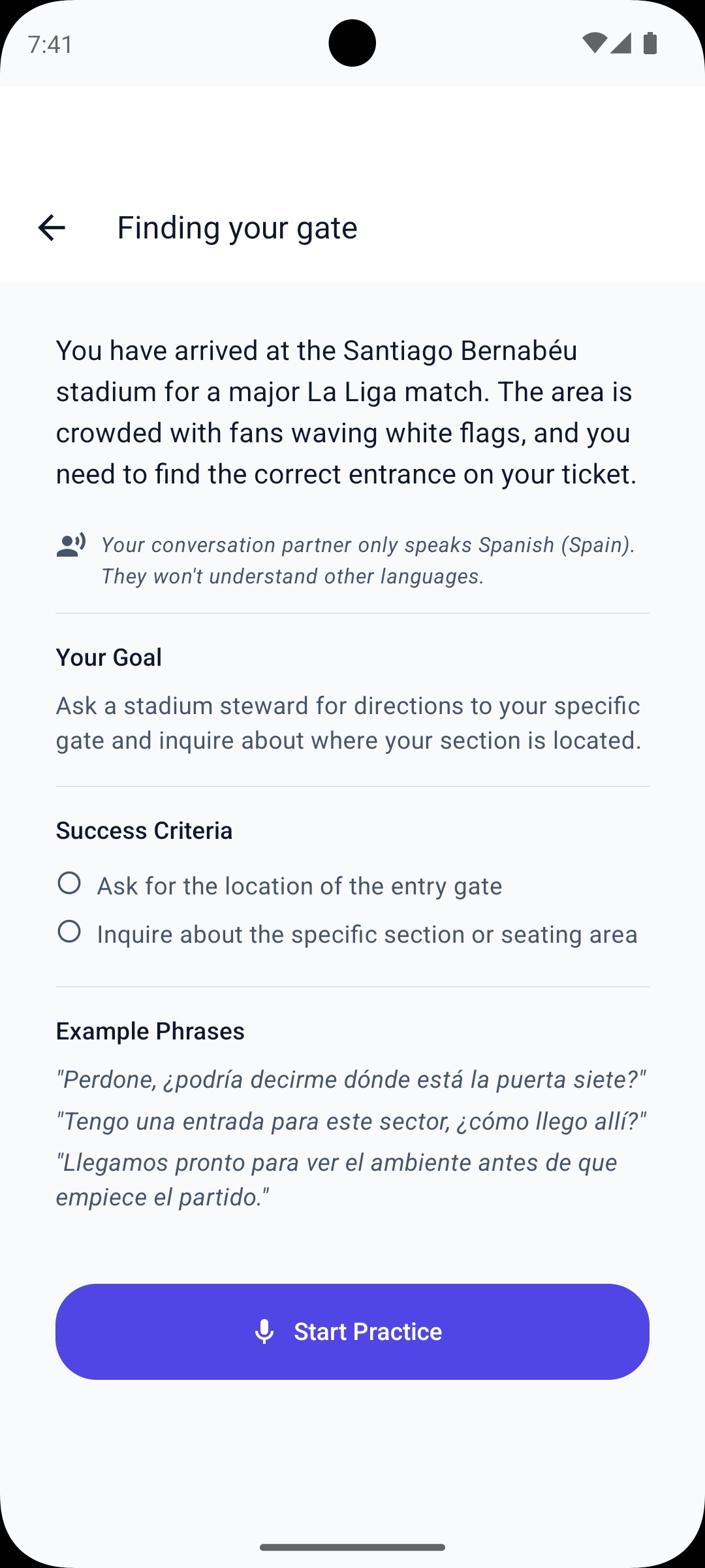 Voice task — spoken conversation with a goal and success criteria
