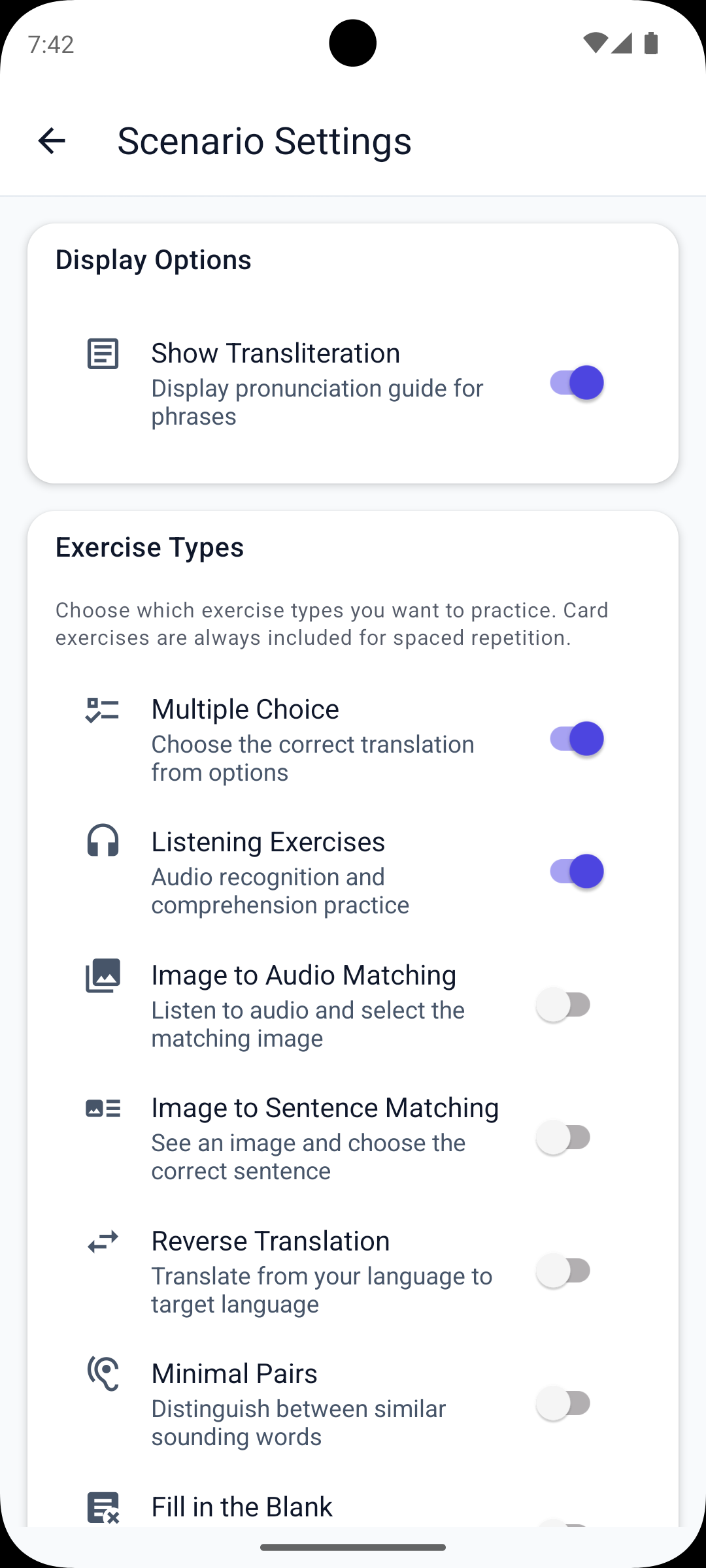 Exercise settings — toggle each exercise type on or off