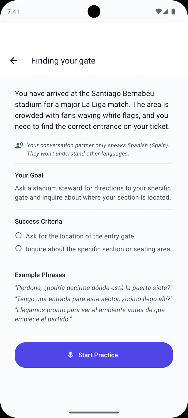 Viglot Voice Task — a spoken conversation with a concrete goal and success criteria