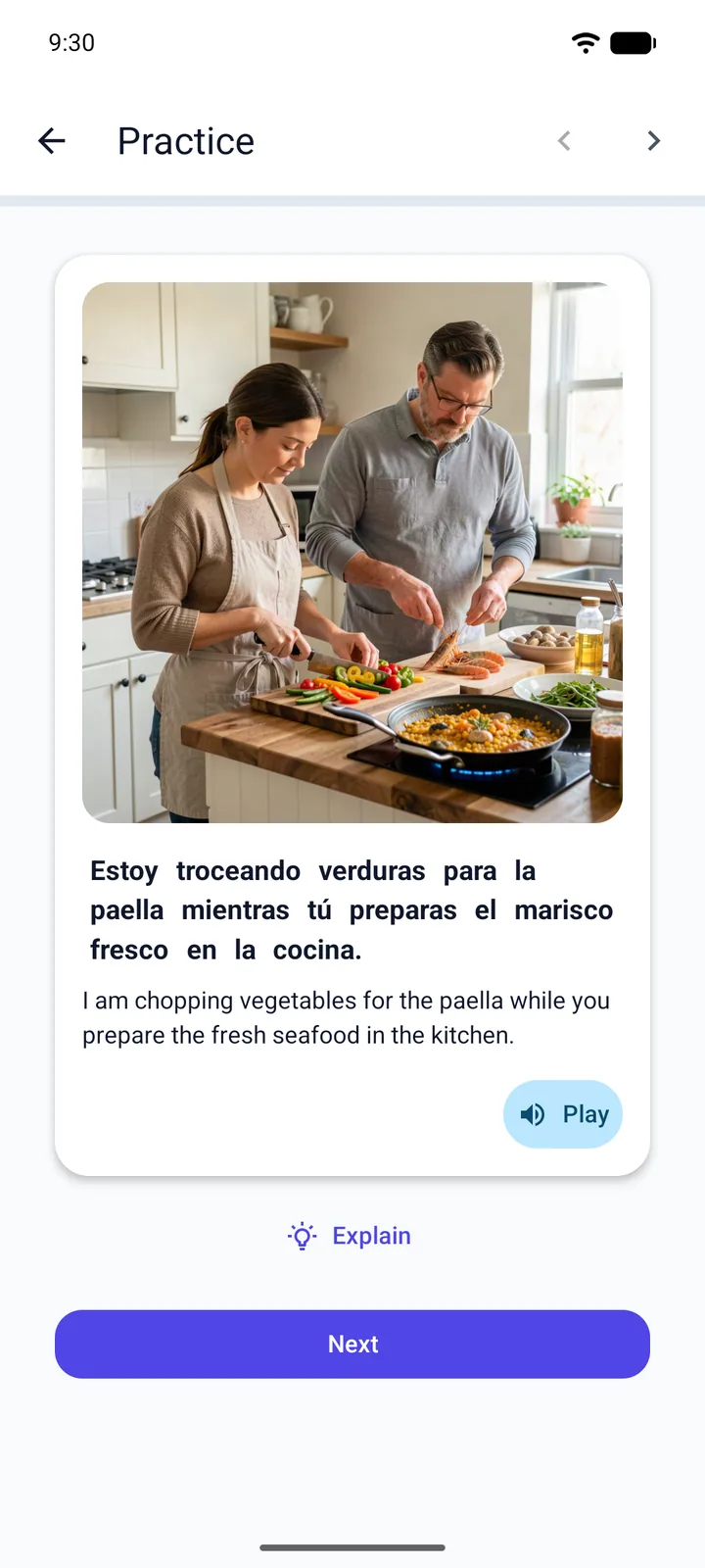 Viglot lesson card — a generated scene, the Spanish phrase, its translation and native audio