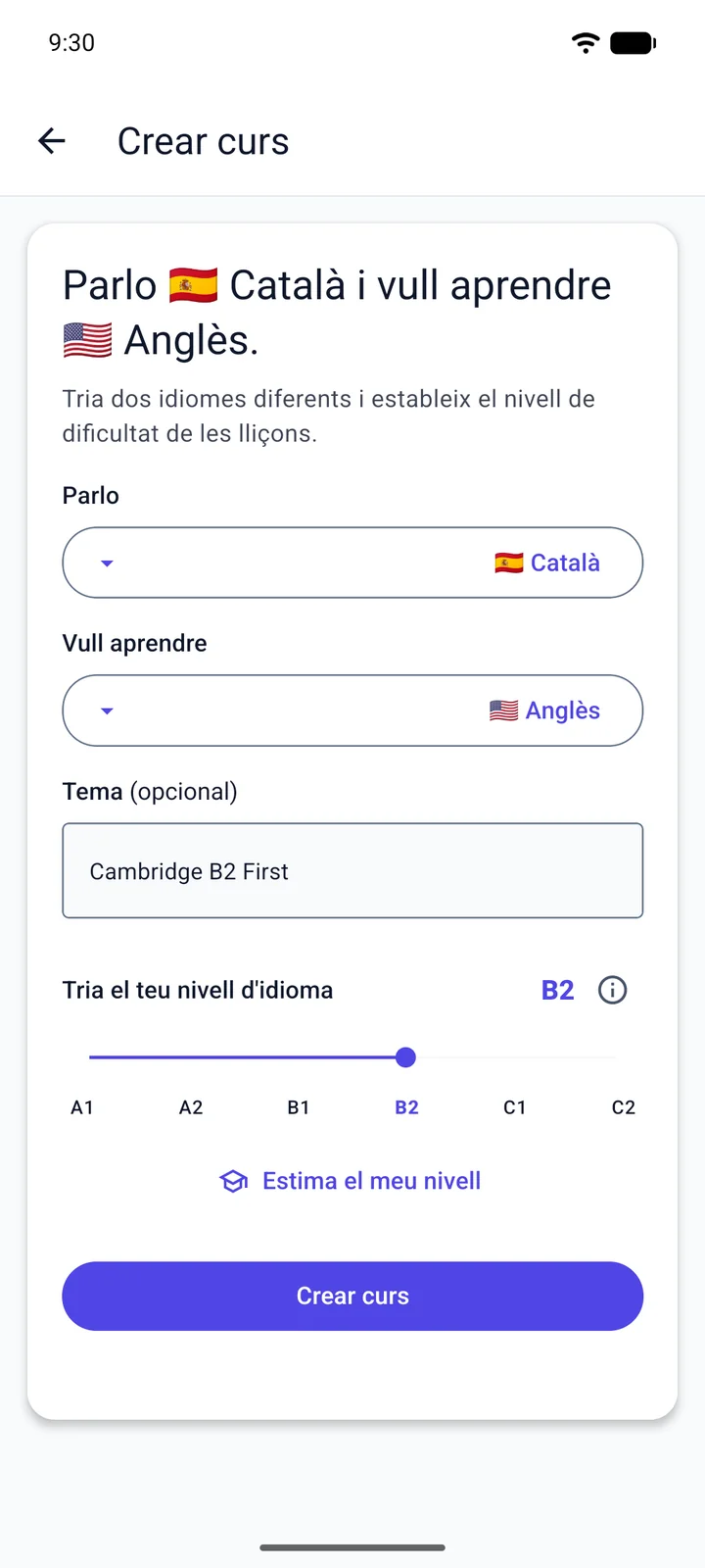 Pantalla «Crear curs» de Viglot: una persona catalanoparlant que aprèn anglès escriu «Cambridge B2 First» com a tema i posa el nivell B2