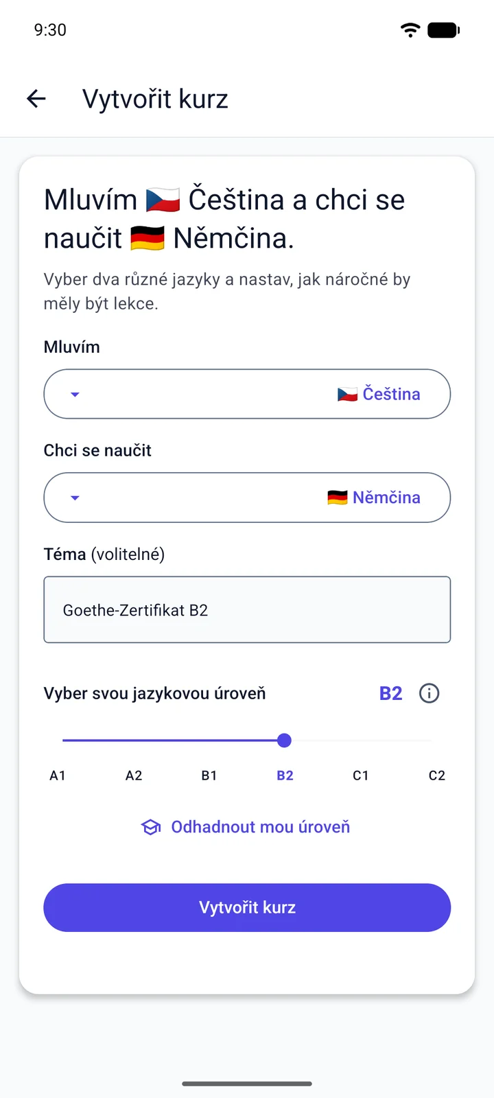 Obrazovka Vytvořit kurz ve Viglotu: člověk, který mluví česky a učí se německy, napíše jako téma „Goethe-Zertifikat B2“ a nastaví úroveň B2