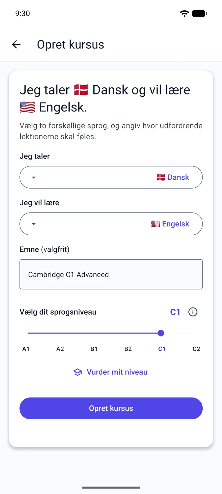 Viglots skærmbillede “Opret kursus”: En dansktalende, der lærer engelsk, skriver “Cambridge C1 Advanced” som emne og indstiller niveauet til C1