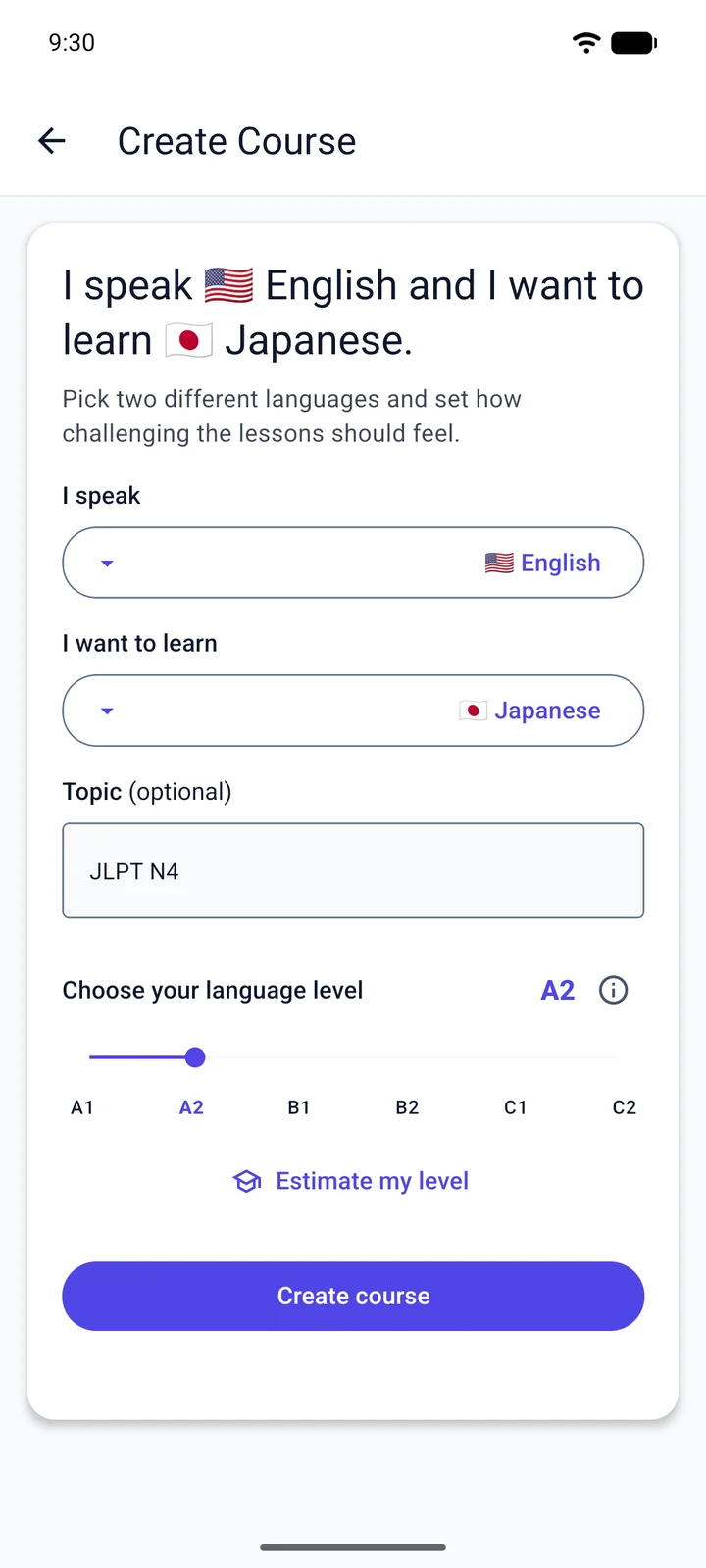 Viglot’s Create Course screen: an English speaker learning Japanese types “JLPT N4” as the topic and sets the level to A2