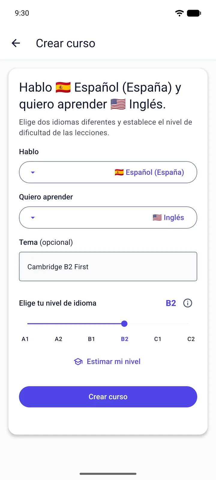 Pantalla «Crear curso» de Viglot, en español: una persona hispanohablante que aprende inglés escribe «Cambridge B2 First» como tema y ajusta el nivel a B2