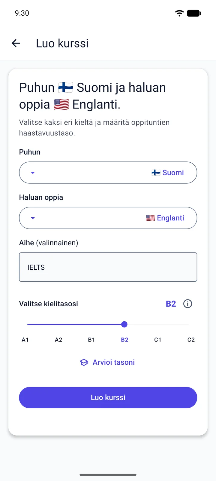 Viglotin Luo kurssi -näkymä: suomea puhuva oppii englantia, kirjoittaa aiheeksi ”IELTS” ja asettaa tasoksi B2