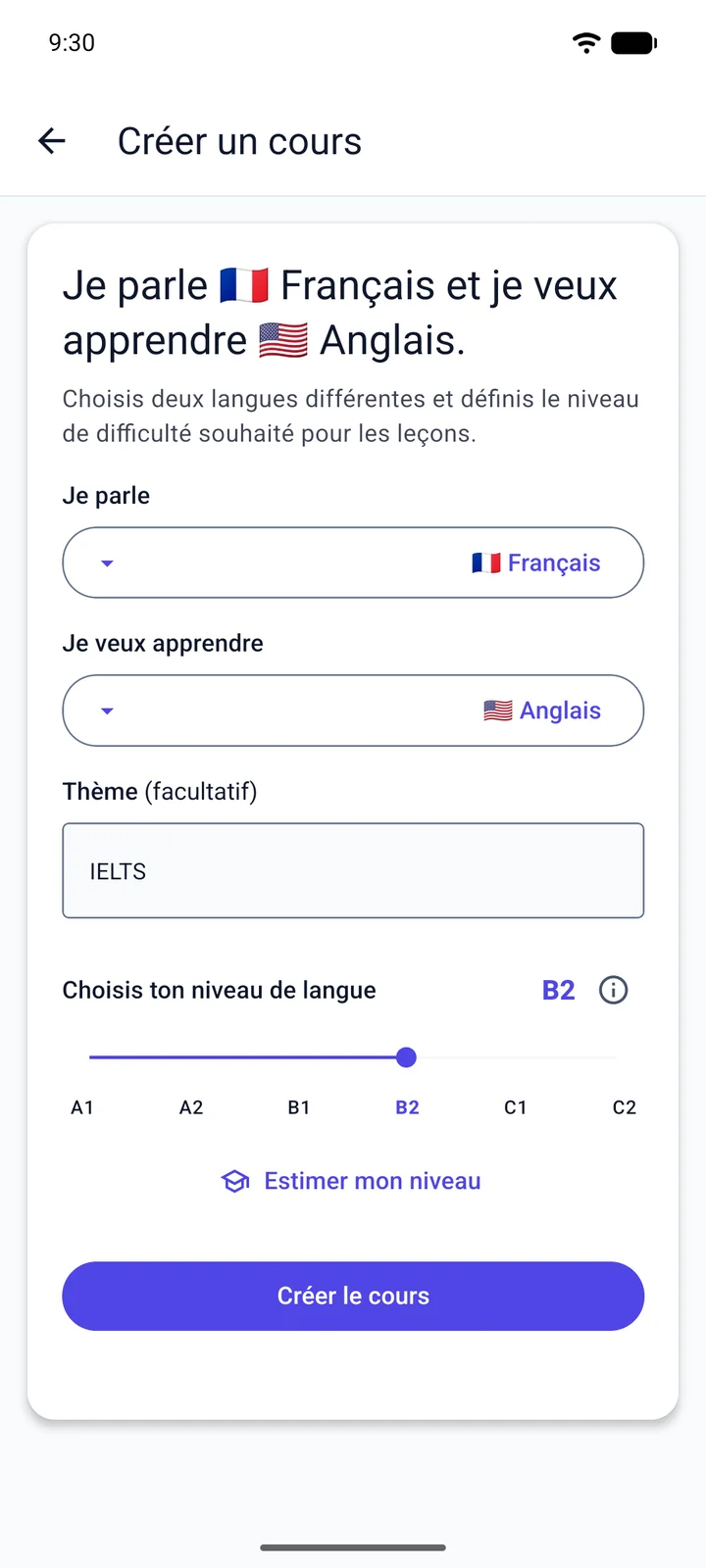 L’écran « Créer un scénario » de Viglot en français : un francophone qui apprend l’anglais saisit « IELTS » comme thème et règle le niveau sur B2