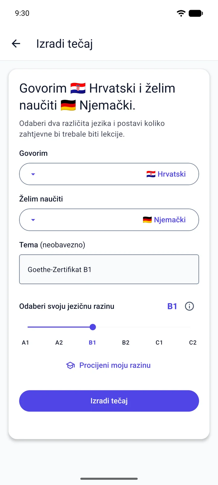 Viglotov zaslon „Izradi tečaj”: govornik hrvatskog uči njemački, kao temu upisuje „Goethe-Zertifikat B1” i postavlja razinu B1