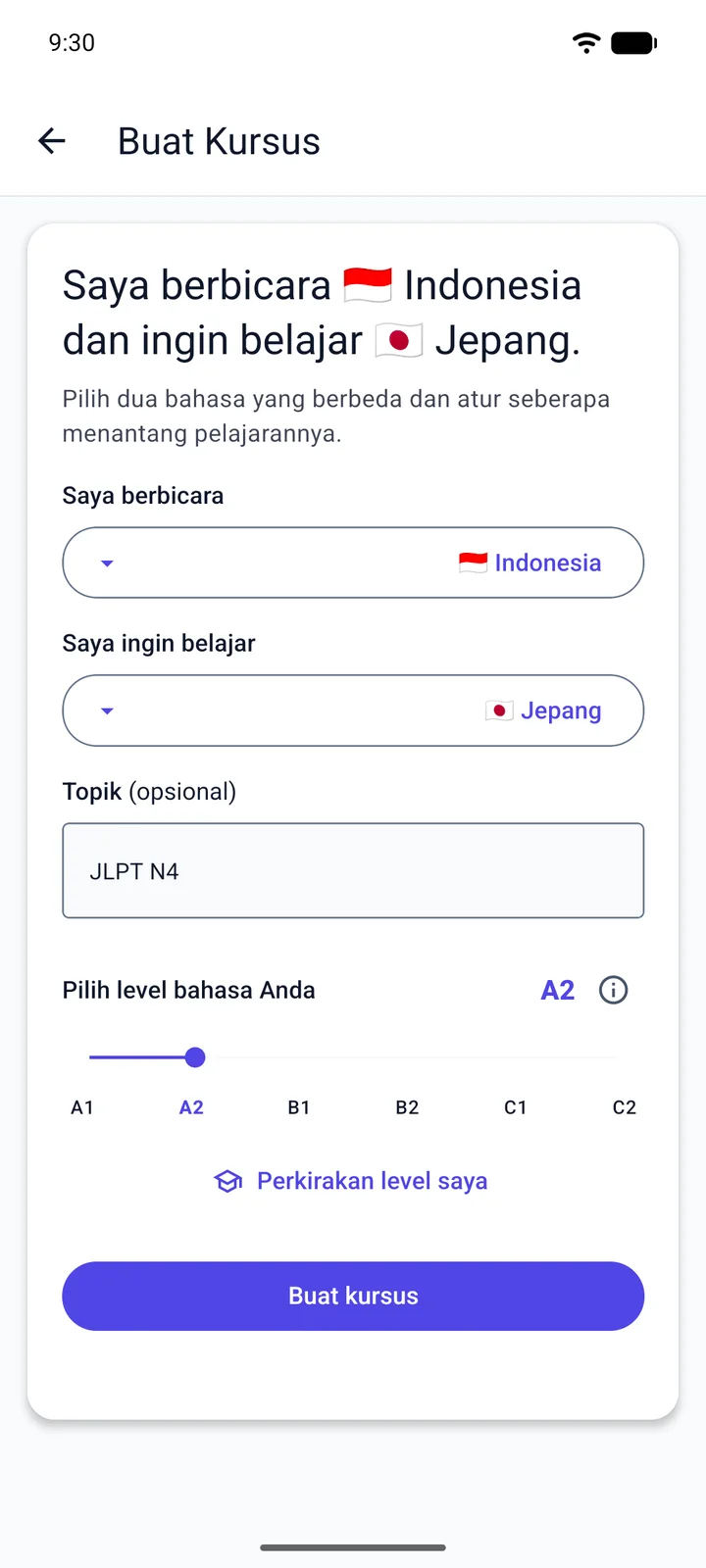 Layar Buat Kursus di Viglot dalam bahasa Indonesia: penutur bahasa Indonesia yang belajar bahasa Jepang mengetik “JLPT N4” sebagai topik dan mengatur levelnya ke A2