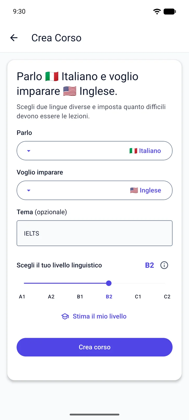 La schermata “Crea Corso” di Viglot, in italiano: una persona di lingua italiana che impara l’inglese scrive “IELTS” come tema e imposta il livello B2