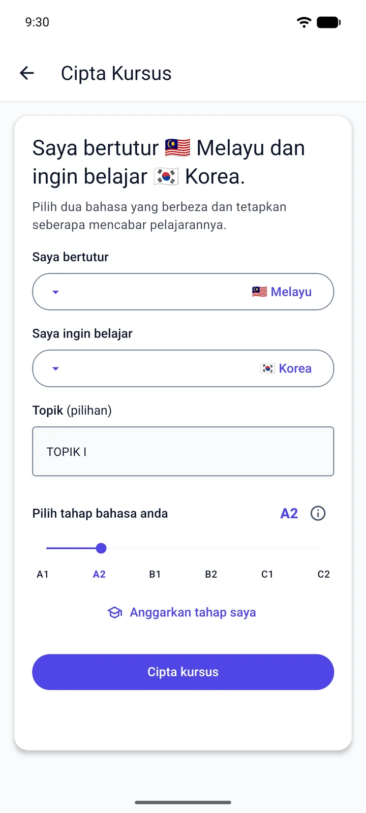 Skrin Cipta Kursus Viglot dalam bahasa Melayu: seorang penutur bahasa Melayu yang belajar bahasa Korea menaip “TOPIK I” sebagai topik dan menetapkan tahap kepada A2