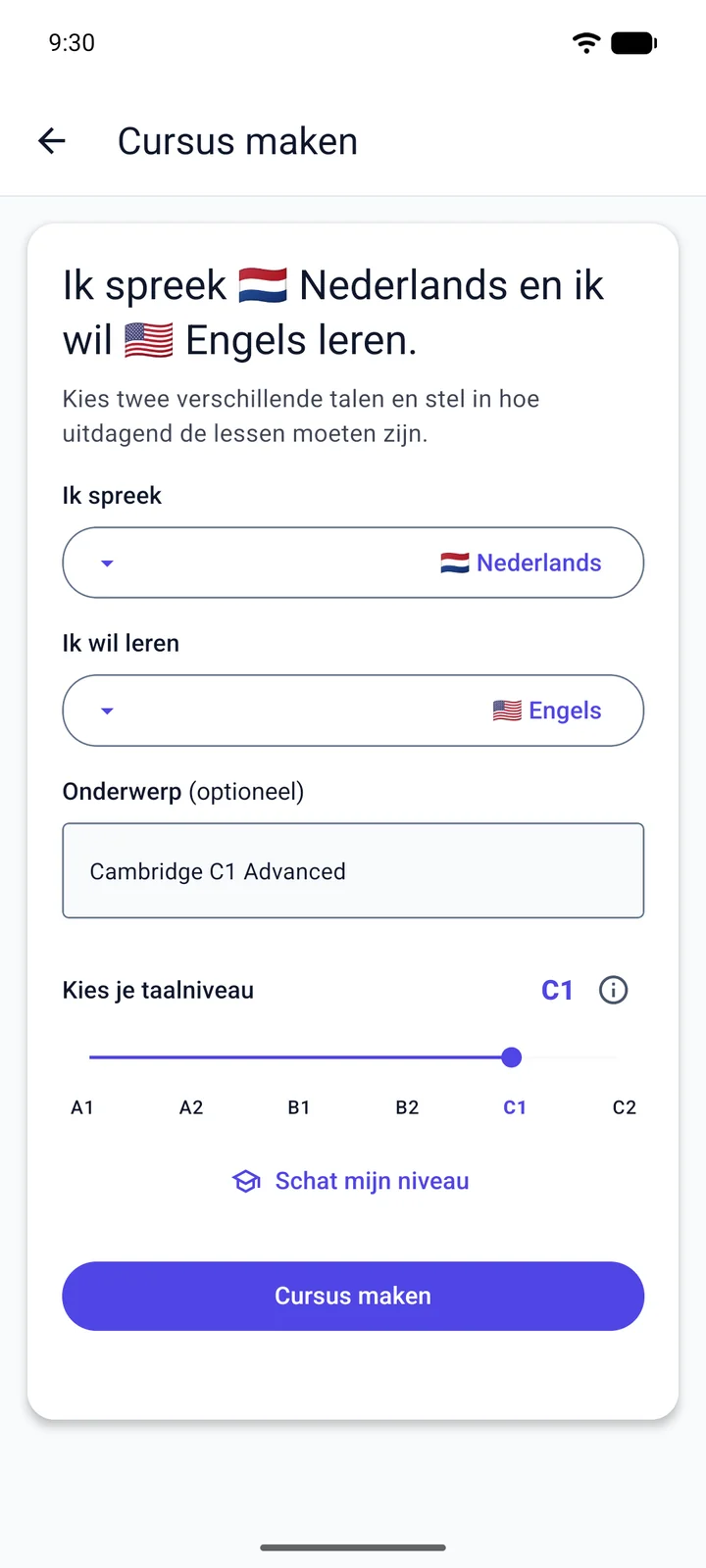Het scherm “Cursus maken” van Viglot: een Nederlandstalige die Engels leert, typt “Cambridge C1 Advanced” als onderwerp en stelt het niveau in op C1