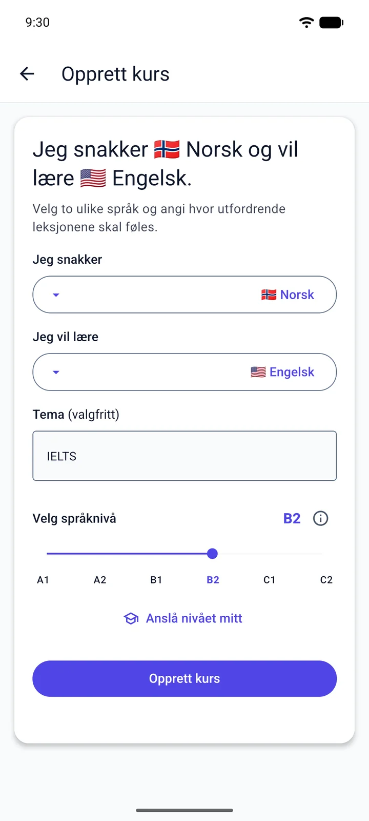 Viglots skjerm «Opprett kurs»: en norsktalende som lærer engelsk skriver «IELTS» som tema og stiller inn nivået B2