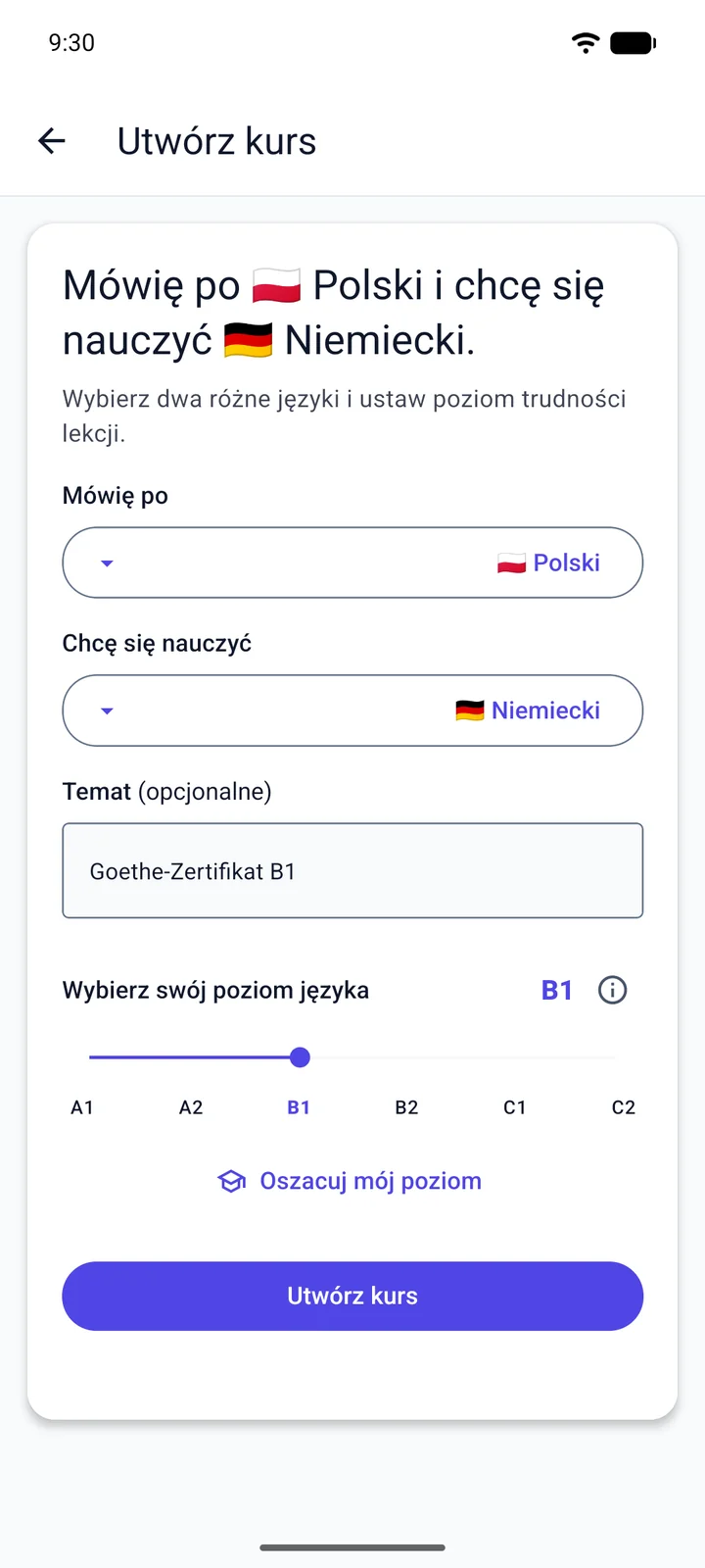 Ekran „Utwórz kurs” w Viglocie: osoba mówiąca po polsku uczy się niemieckiego, wpisuje „Goethe-Zertifikat B1” jako temat i ustawia poziom B1