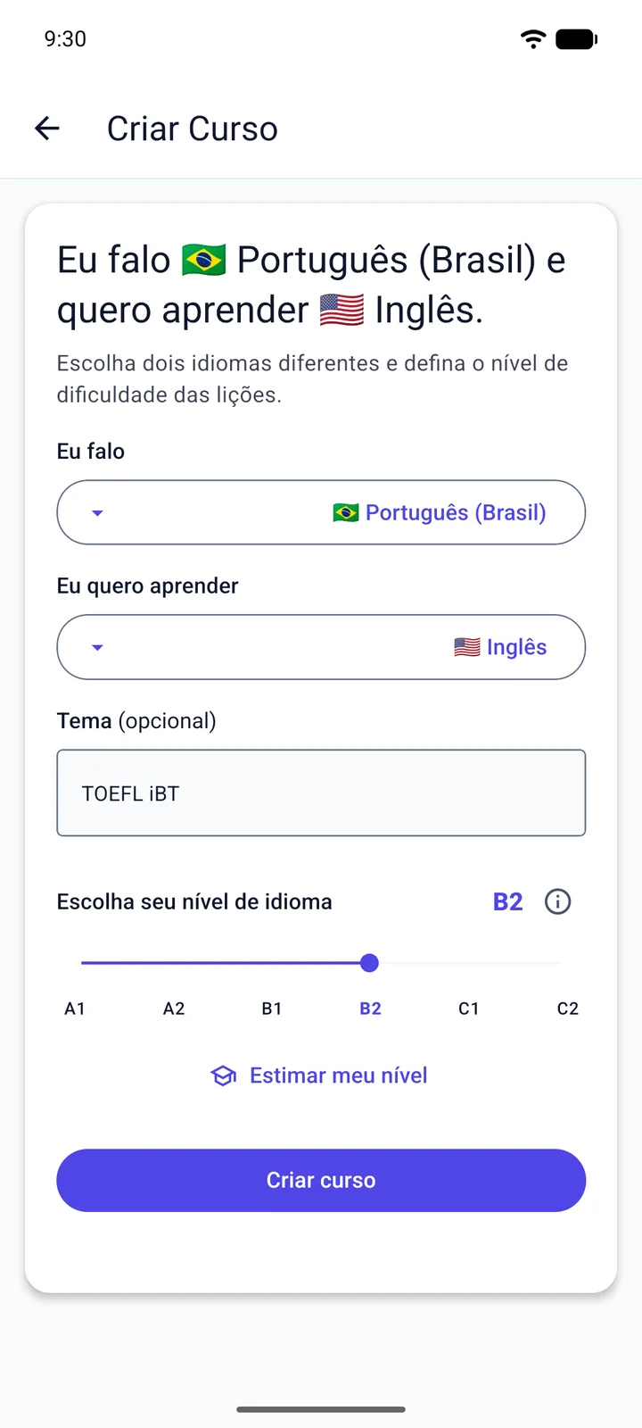 Tela “Criar Curso” do Viglot: uma pessoa que fala português do Brasil aprende inglês, digita “TOEFL iBT” como tema e define o nível B2