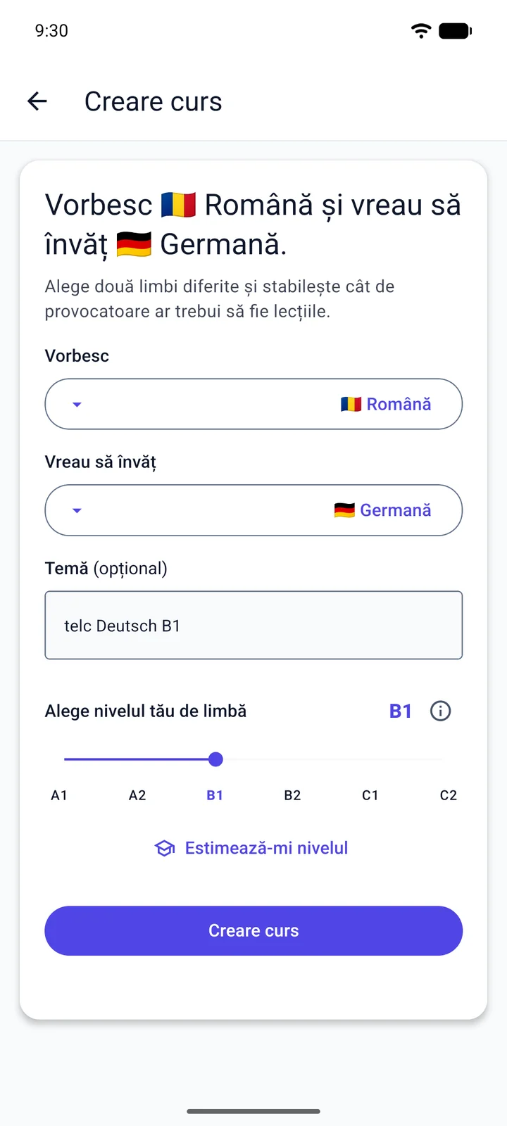 Ecranul „Creare curs” din Viglot: o persoană care vorbește română învață germana, scrie „telc Deutsch B1” ca temă și alege nivelul B1