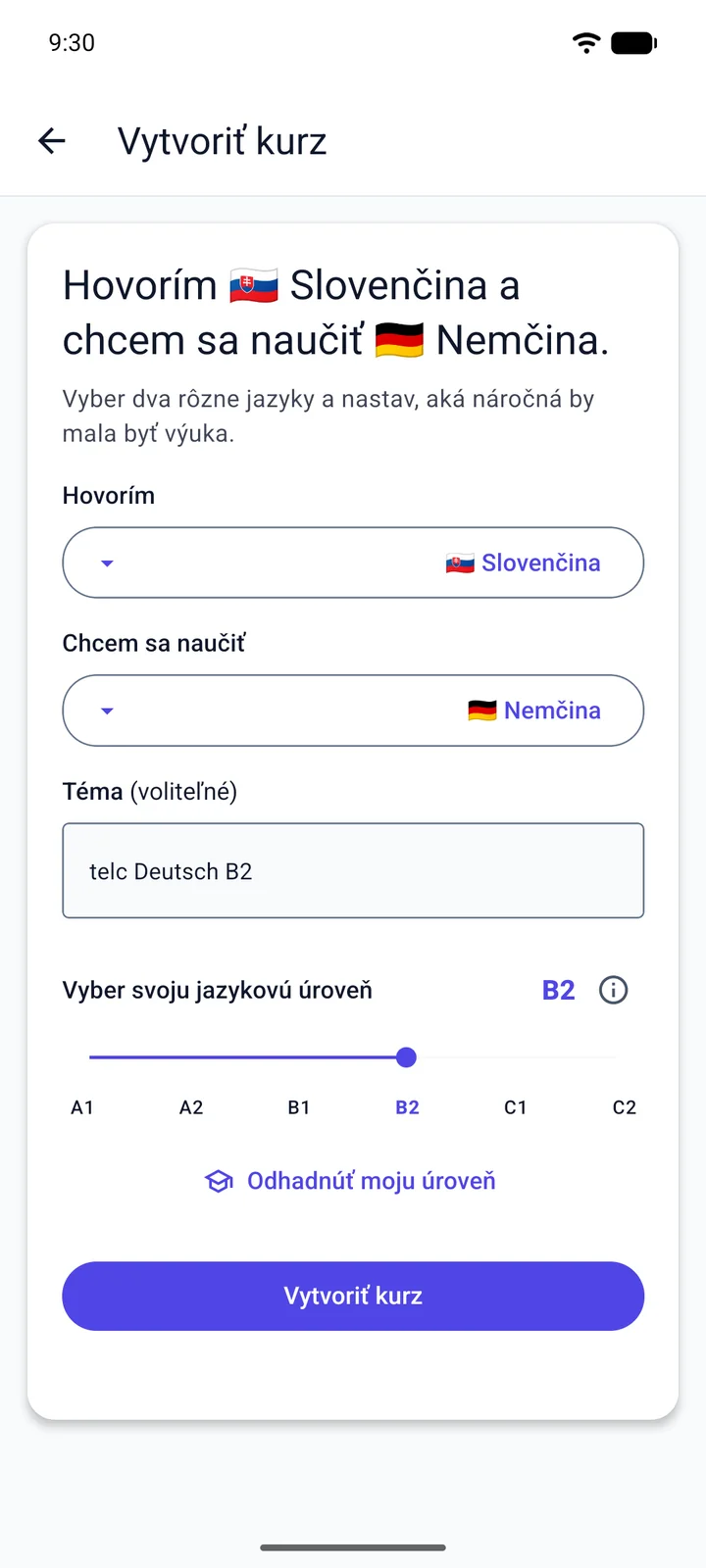 Obrazovka Vytvoriť kurz vo Viglote: človek, ktorý hovorí po slovensky a učí sa nemčinu, zadá ako tému „telc Deutsch B2“ a nastaví úroveň B2