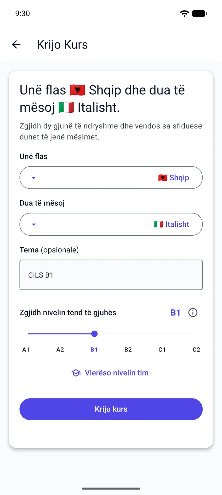 Ekrani “Krijo Kurs” i Viglot: një folës shqip që mëson italisht shkruan “CILS B1” si temë dhe e cakton nivelin në B1