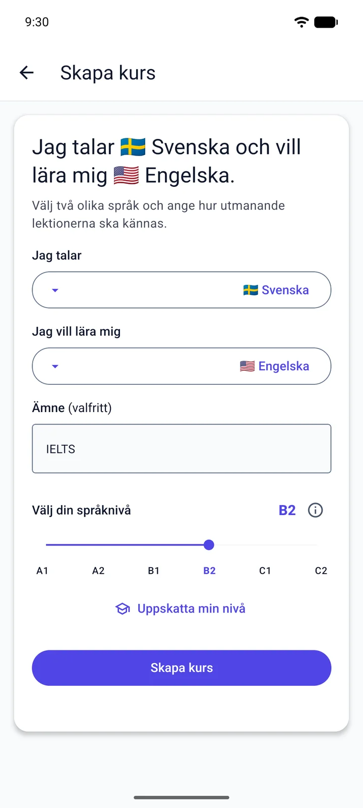 Viglots skärm “Skapa kurs”: en svensktalande som lär sig engelska skriver “IELTS” som ämne och väljer nivån B2
