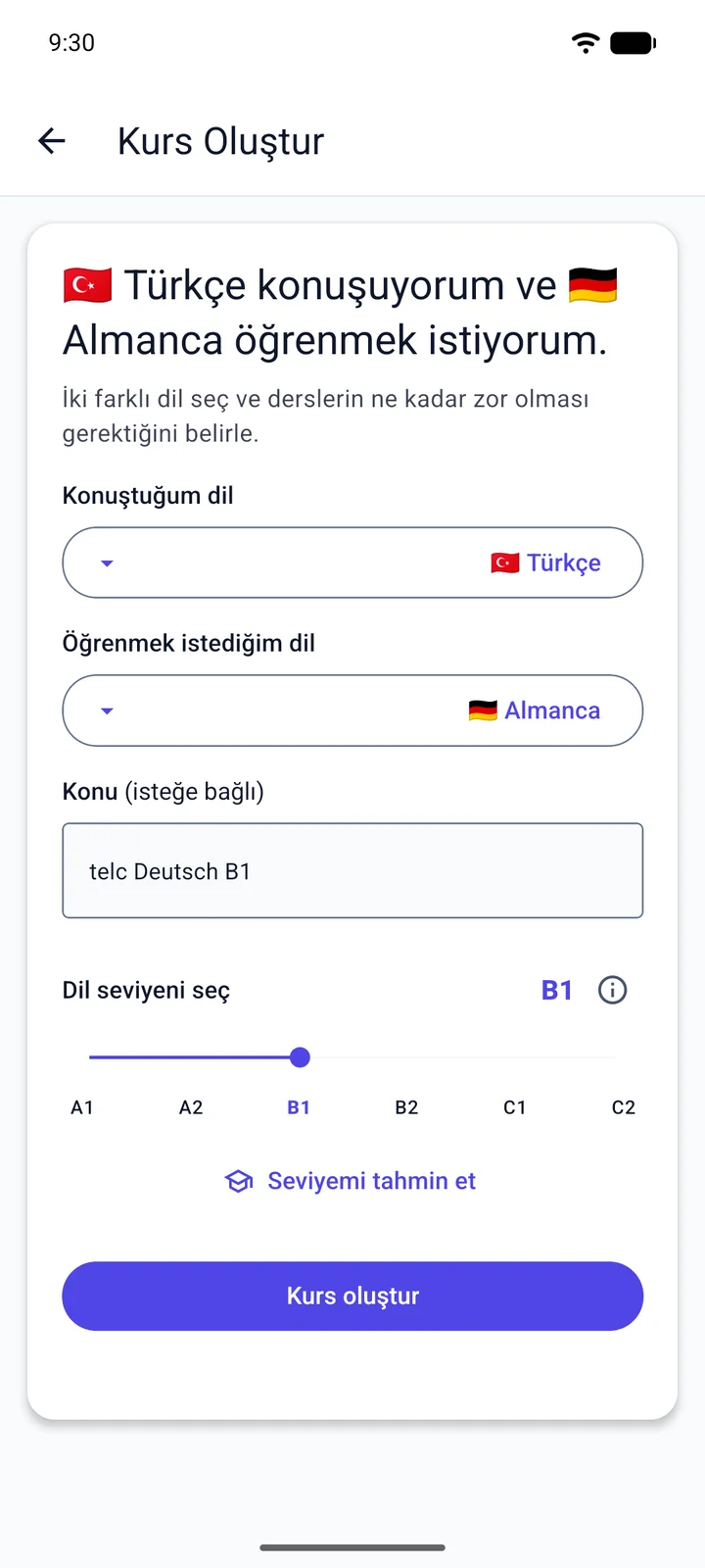 Viglot’un “Kurs Oluştur” ekranı: Türkçe konuşan biri Almanca öğreniyor, konu olarak “telc Deutsch B1” yazılı ve seviye B1 seçili