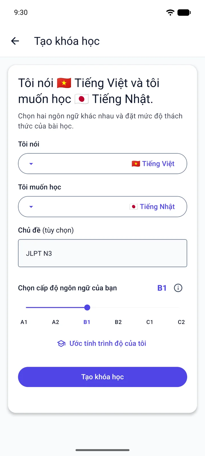 Màn hình Tạo khóa học của Viglot bằng giao diện tiếng Việt: một người nói tiếng Việt học tiếng Nhật, gõ “JLPT N3” vào ô chủ đề và chọn trình độ B1