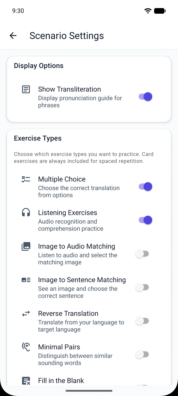 Scenario settings — toggle each exercise type on or off