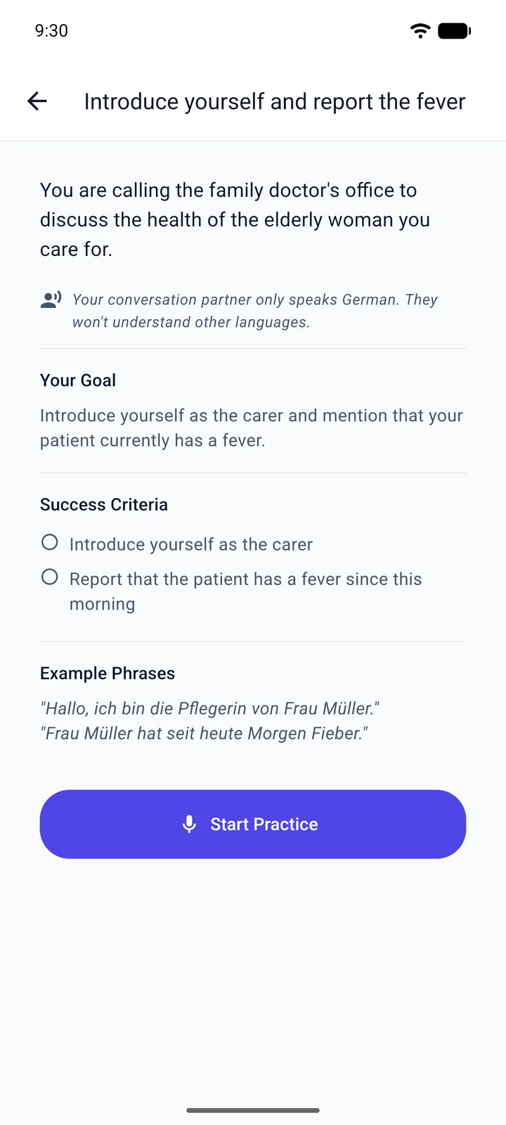 Ekran zadania głosowego w Viglocie z interfejsem aplikacji po angielsku, niemiecki na poziomie A2: cel „Introduce yourself and report the fever” (rozmowa telefoniczna z gabinetem lekarza rodzinnego), kryteria sukcesu i niemieckie przykładowe zwroty „Hallo, ich bin die Pflegerin von Frau Müller.” oraz „Frau Müller hat seit heute Morgen Fieber.”