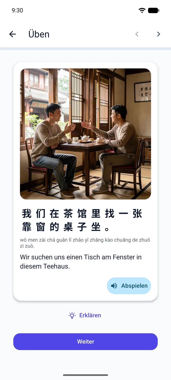 A German speaker learning Chinese — characters with pinyin, in a German interface