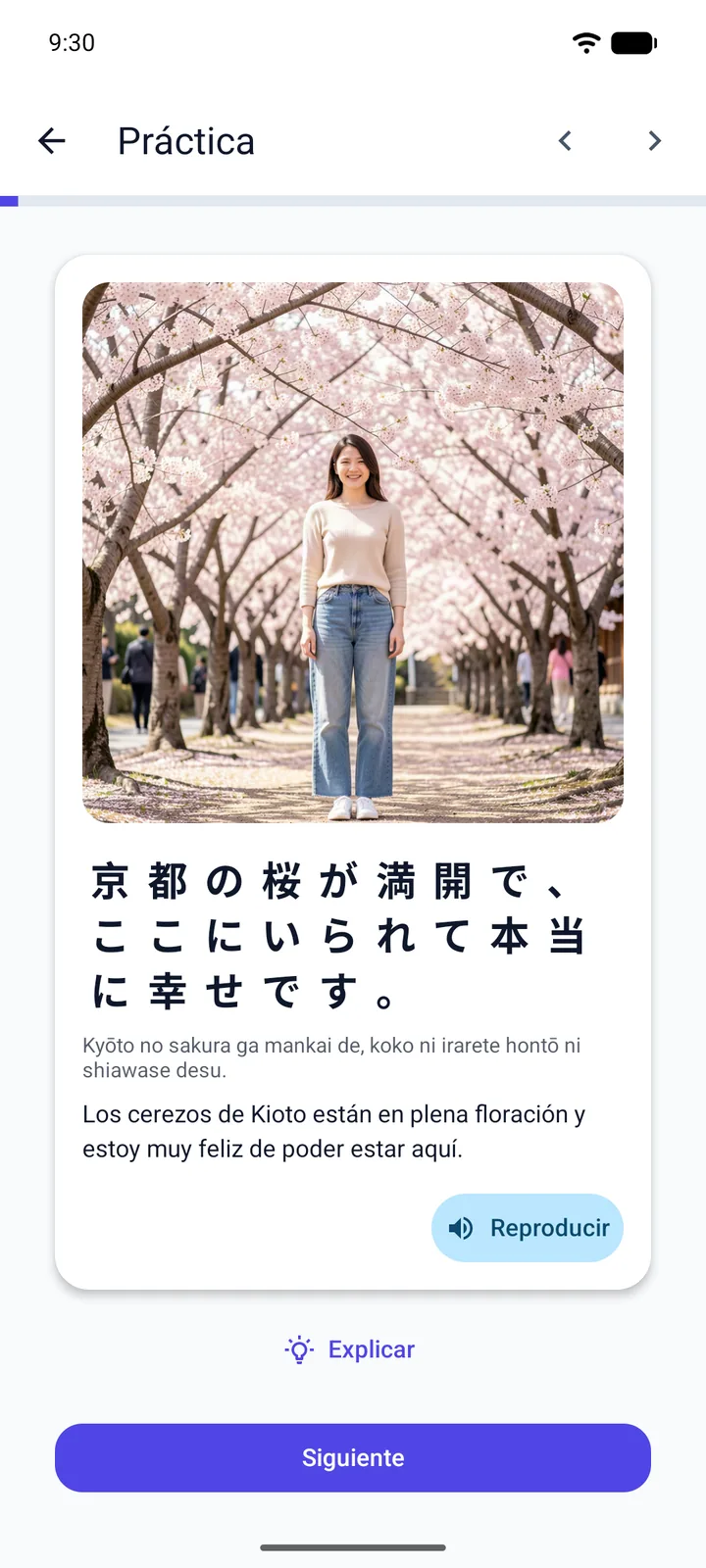 A Spanish speaker learning Japanese — kana and kanji with romaji, in a Spanish interface
