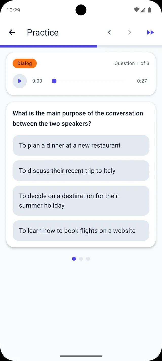 Viglot listening comprehension exercise — an audio dialogue followed by comprehension questions
