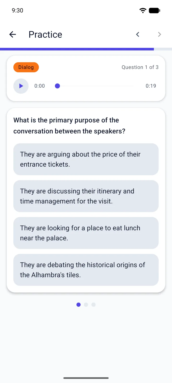 Listening comprehension — follow a dialogue, then answer on what you caught
