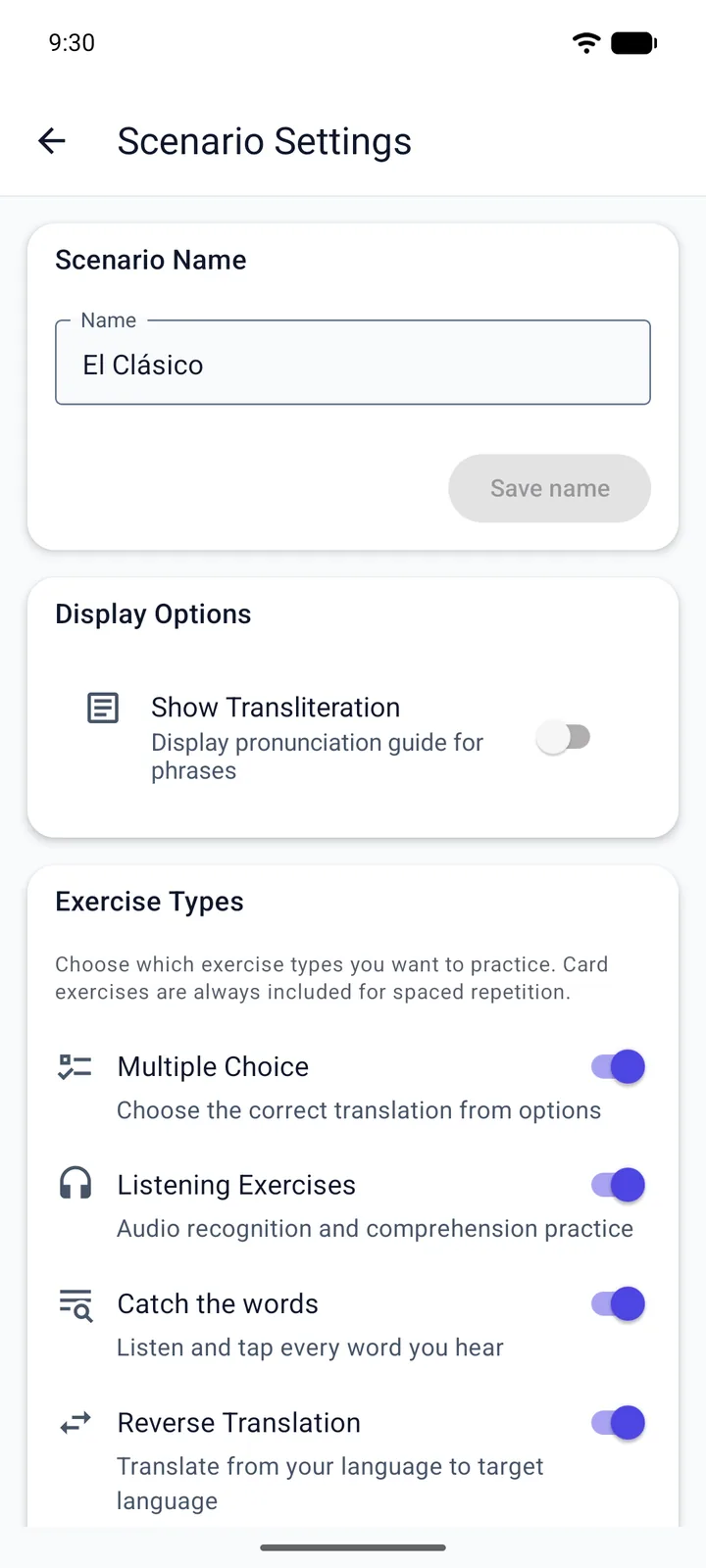 Scenario settings — toggle each exercise type on or off