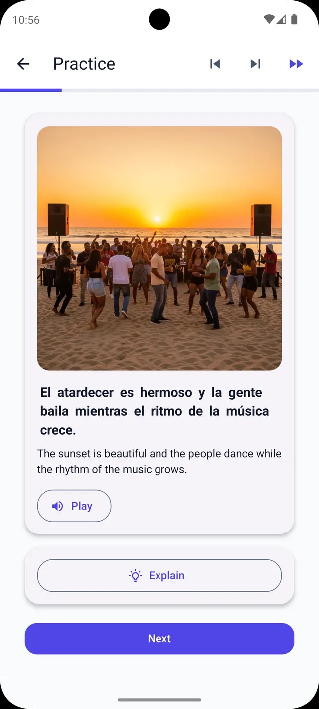 Viglot Spanish practice card — a phrase about dancing at sunset with a matching beach-party image, English translation, and audio playback